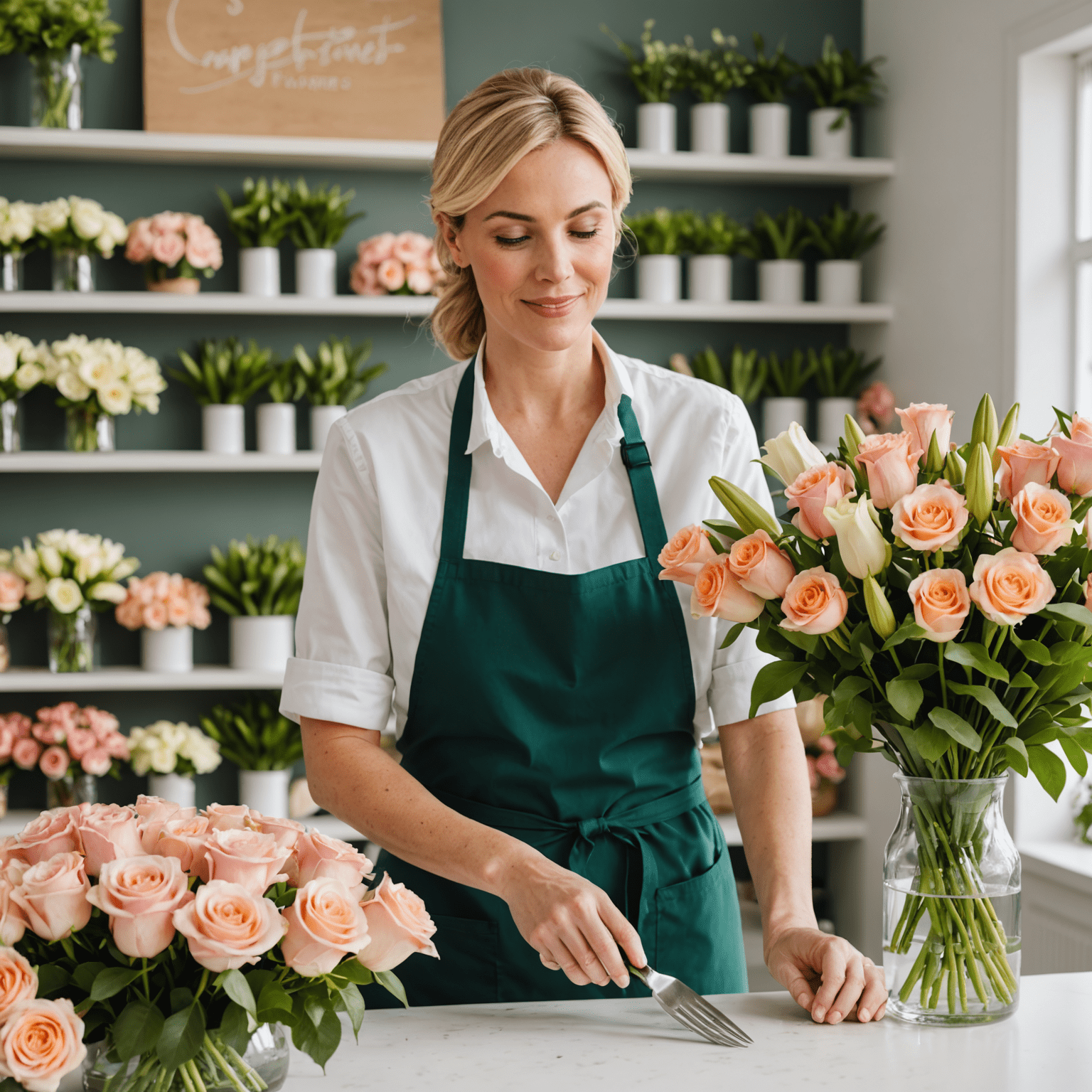 A professional florist arranging a bouquet of roses and lilies in a bright, modern flower shop. The florist is wearing an apron and has a focused expression while carefully selecting and placing each flower.