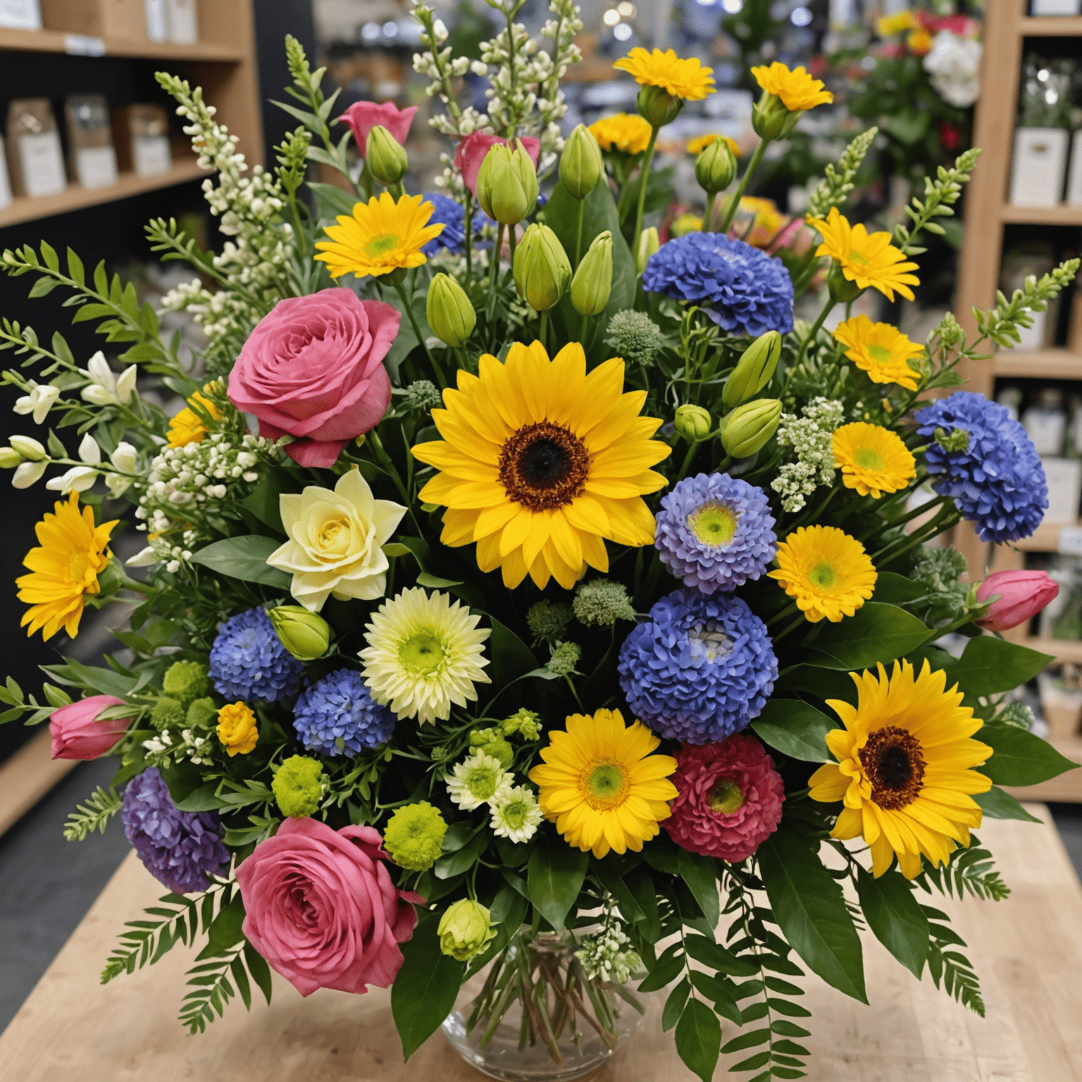 A stunning array of colorful ready-made bouquets displayed in our Kazakhstan flower shop, showcasing various sizes and styles of floral arrangements perfect for gifting