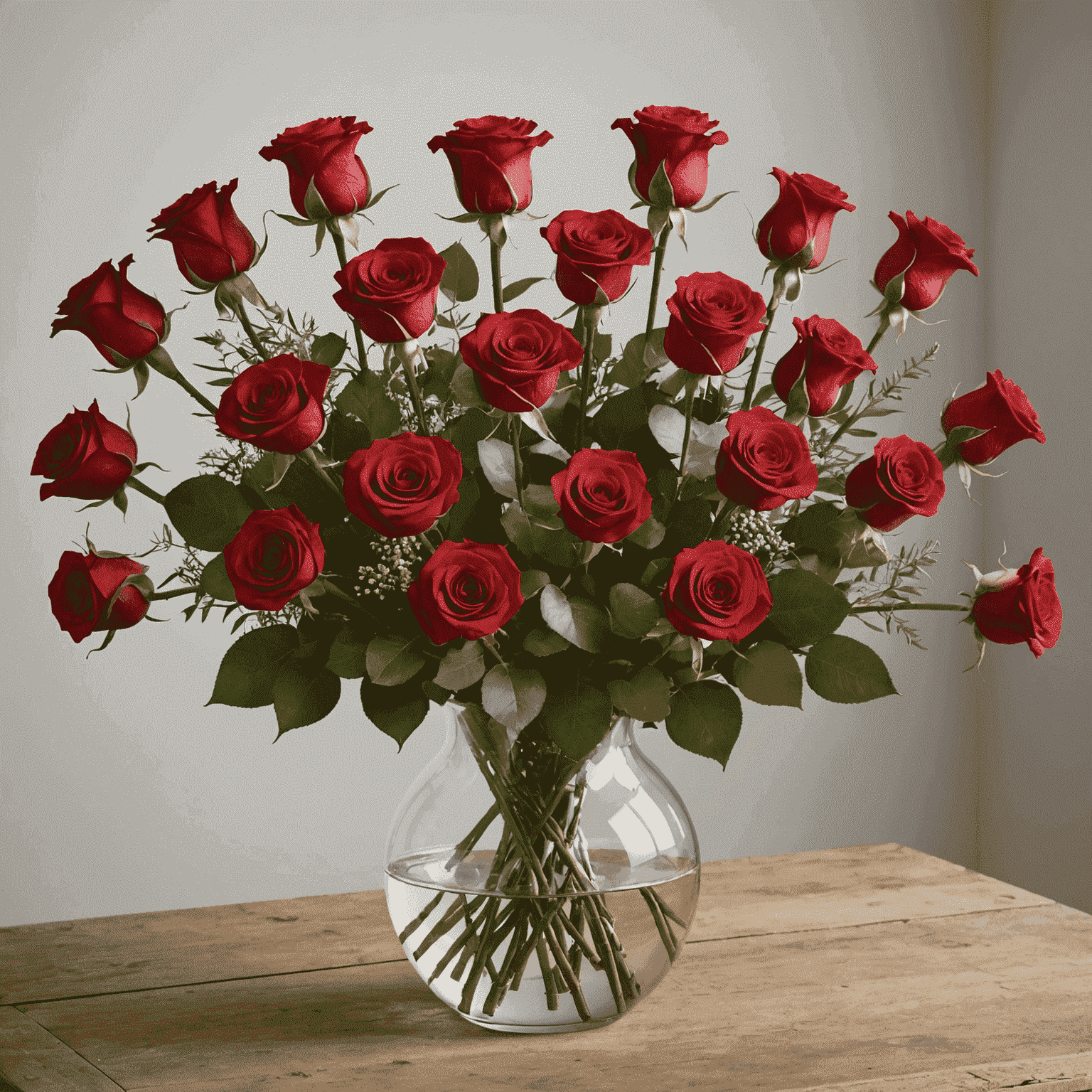 A luxurious bouquet of long-stemmed red roses, perfectly arranged in a clear glass vase