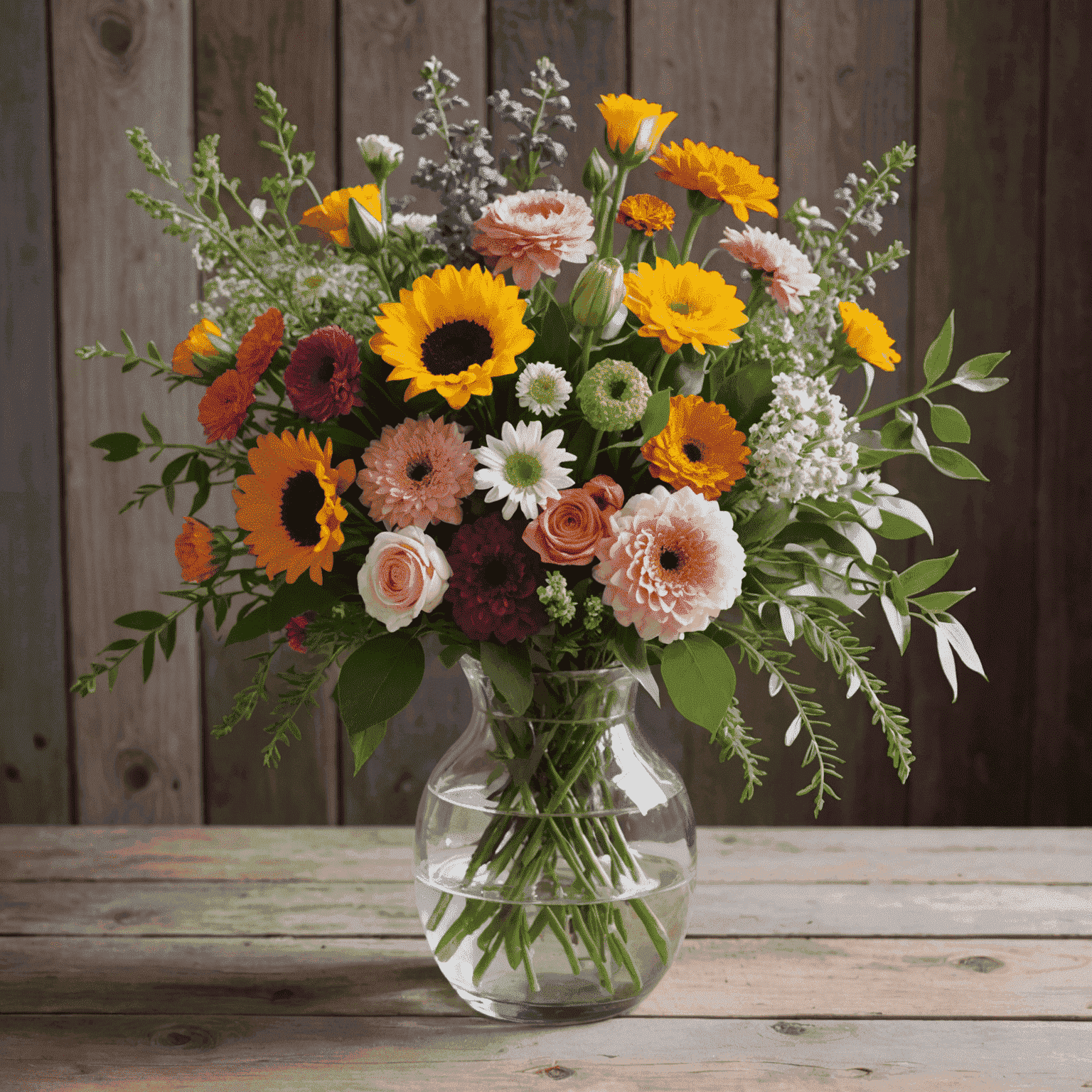 A beautifully arranged bouquet of fresh flowers in various colors, displayed in a clear glass vase on a wooden table