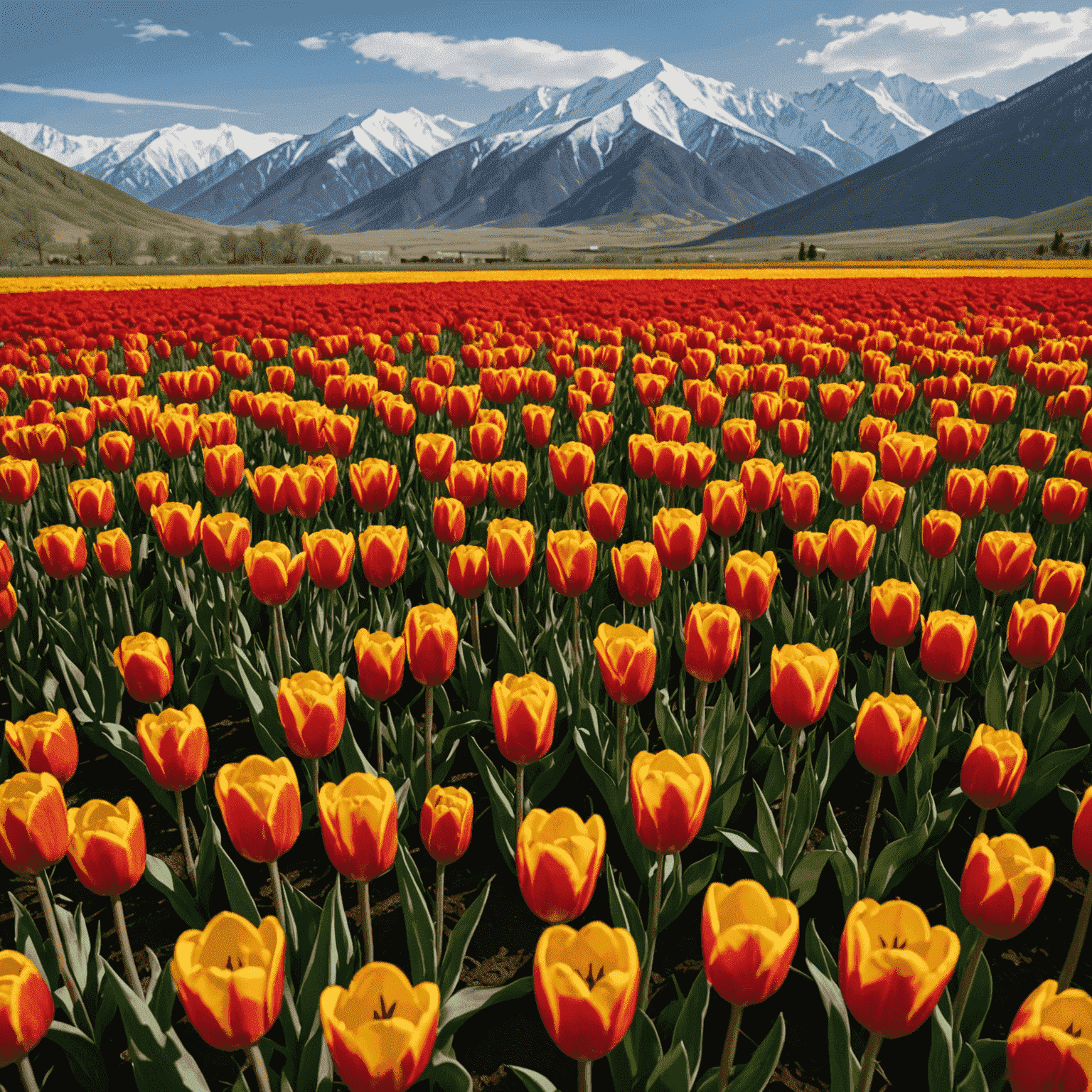 A vibrant field of red and yellow tulips in full bloom against a backdrop of Kazakhstan's mountains