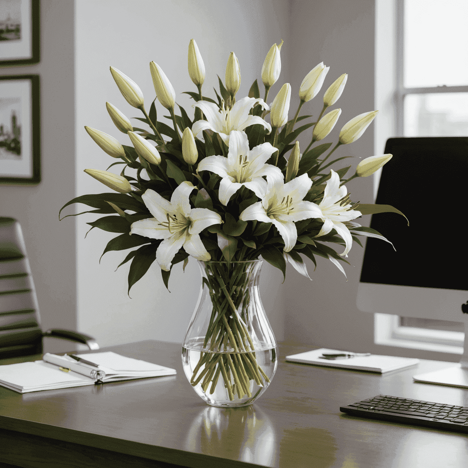 A professional-looking floral arrangement featuring elegant white lilies and roses in a sleek vase, placed on a modern office desk