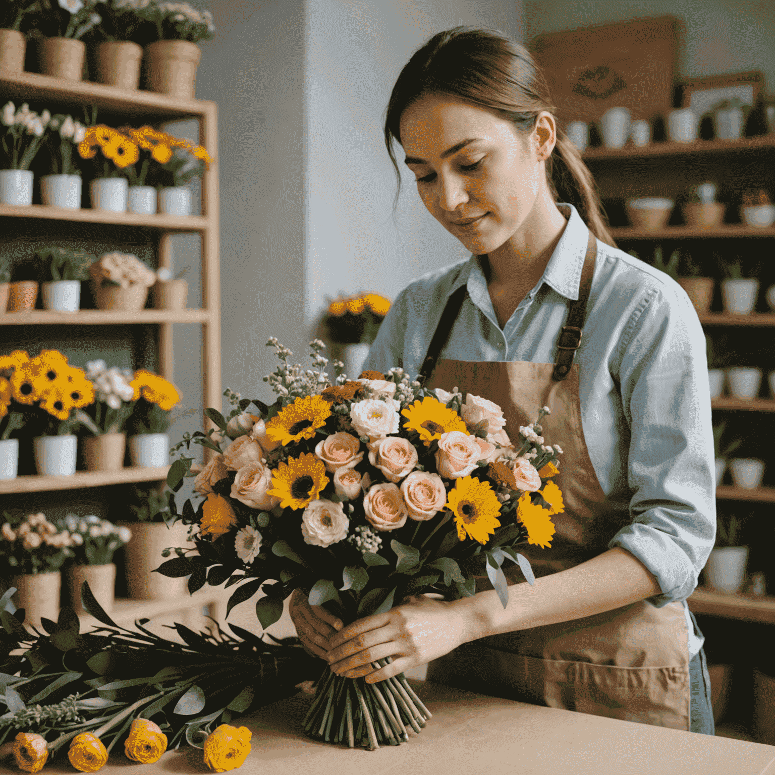 A florist carefully arranging a bouquet of fresh flowers for same-day delivery in Kazakhstan