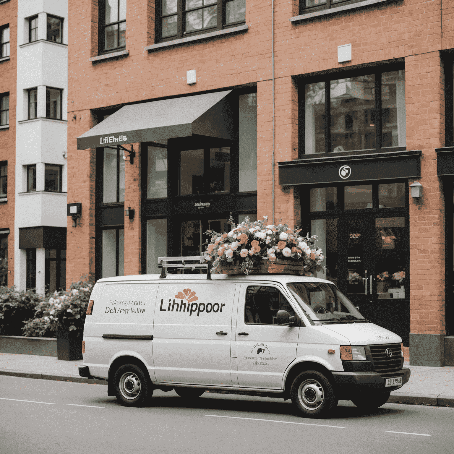 A delivery van branded with the lihieprostor logo, parked in front of a residential building. The van is white with floral designs, and a smiling delivery person is holding a beautiful bouquet of mixed flowers.