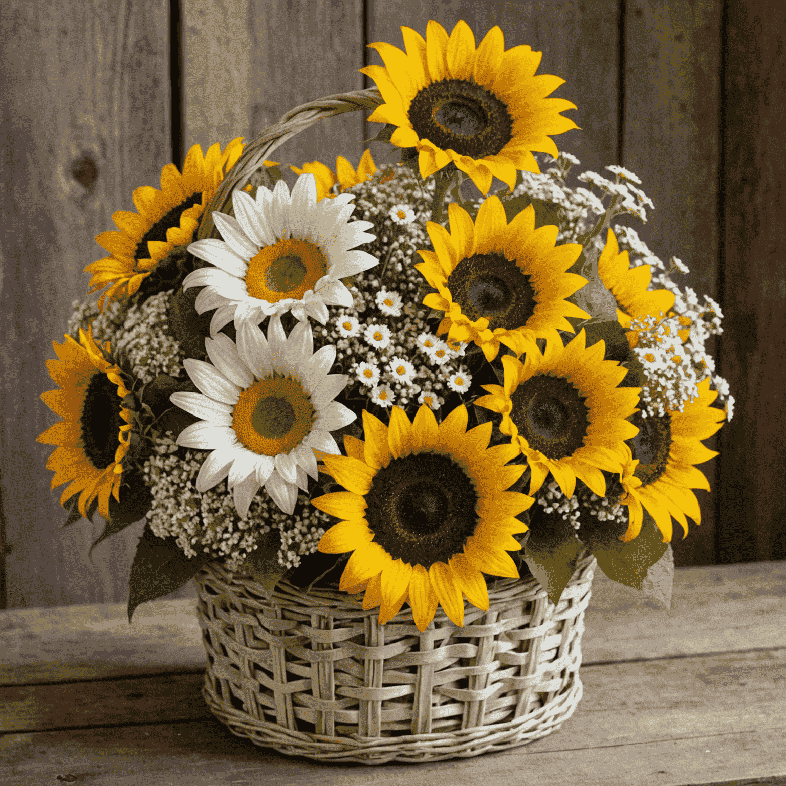 A bright and cheerful arrangement of sunflowers mixed with white daisies in a rustic woven basket