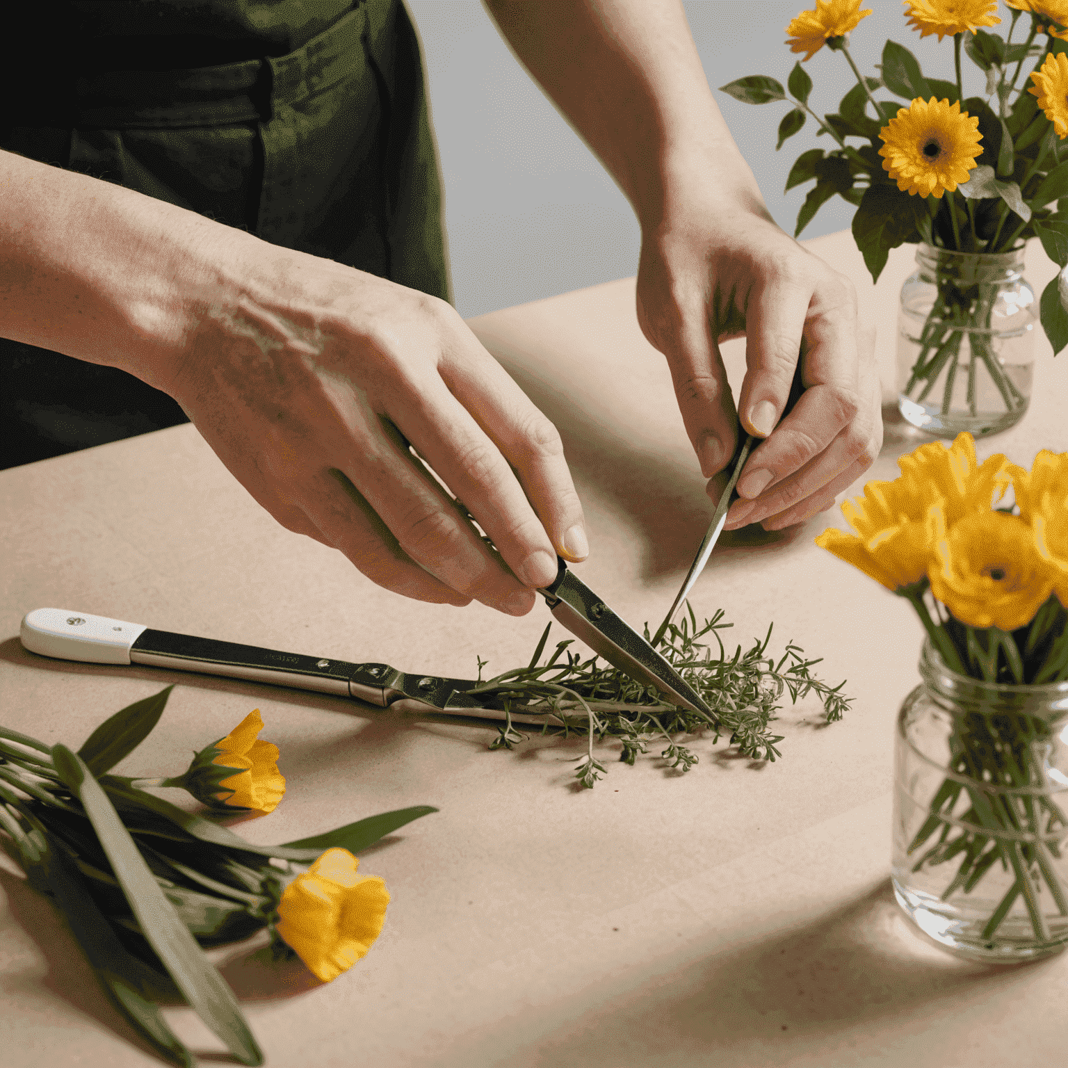 A person's hands trimming flower stems at a 45-degree angle with sharp scissors, with a clean vase and flower food packet visible nearby