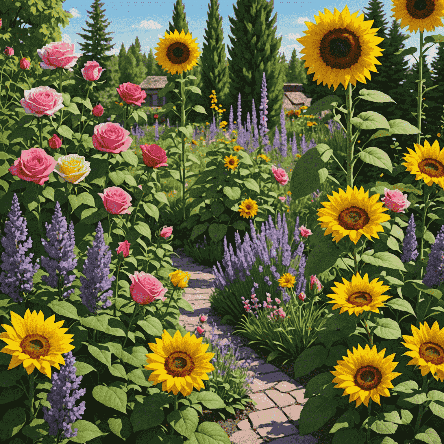 A lush garden in Kazakhstan featuring a variety of summer flowers including roses, sunflowers, and lavender