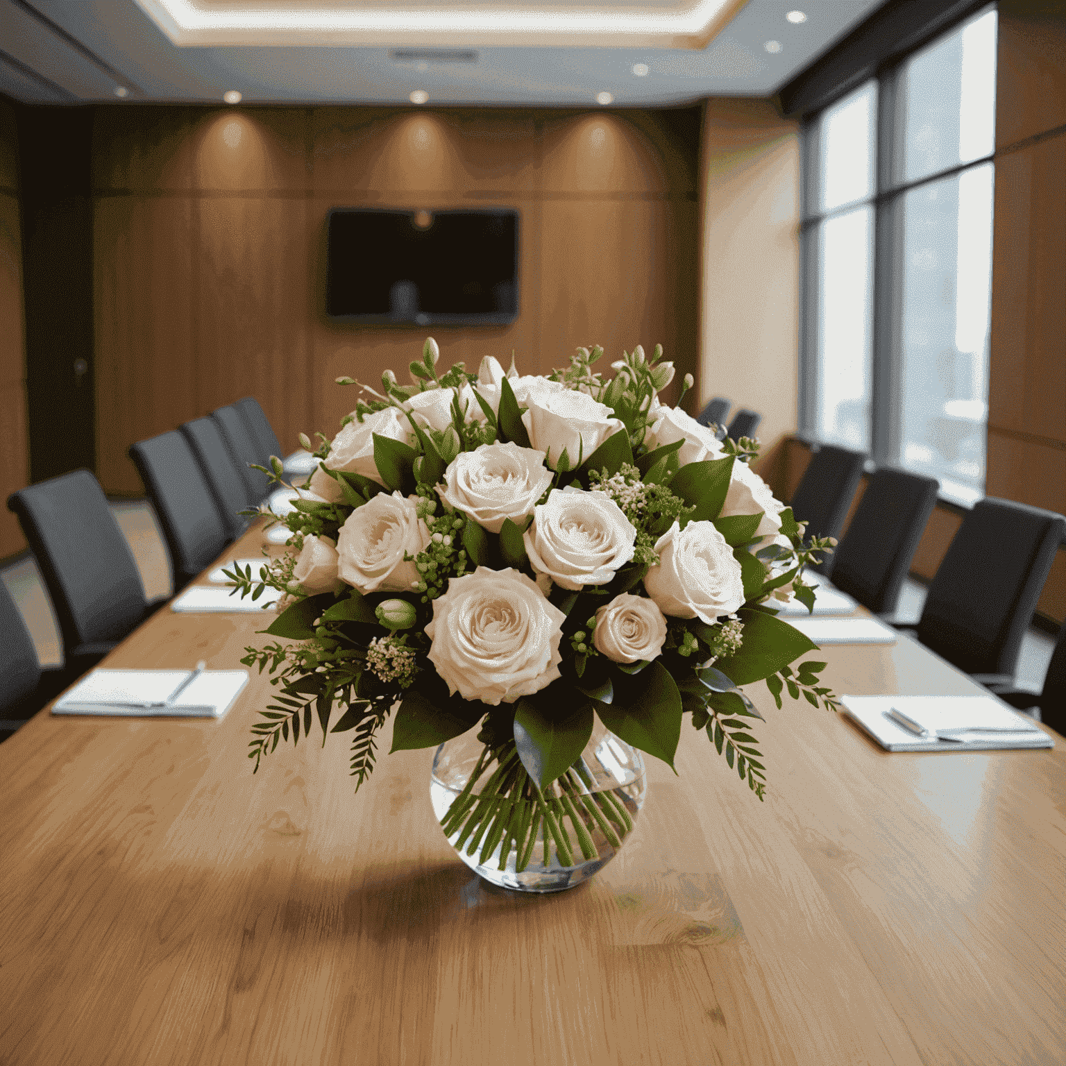 A series of elegant, ready-made bouquets arranged on a sleek conference table, showcasing various styles suitable for different corporate occasions