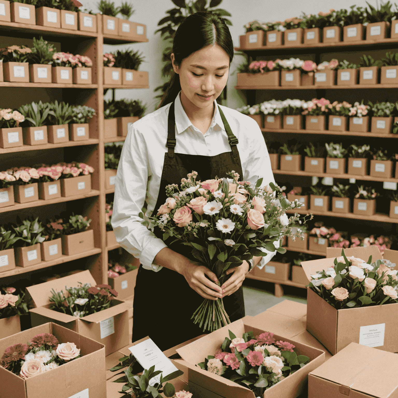 A lihieprostor staff member carefully packaging a bouquet for same-day delivery, surrounded by various flower arrangements