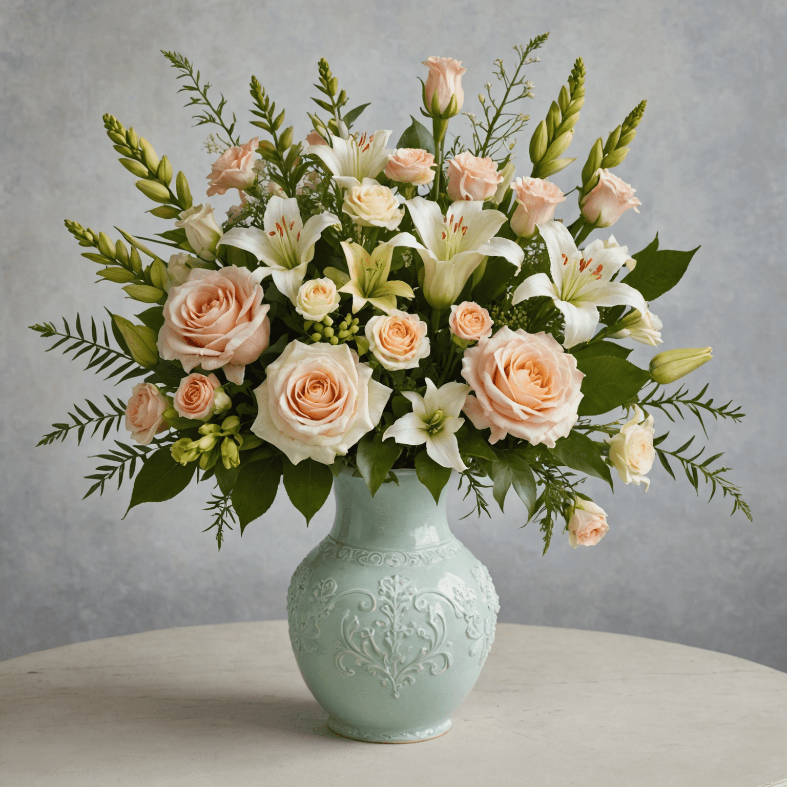 A soft, dreamy bouquet featuring pastel roses, lilies, and carnations in a vintage-inspired ceramic vase