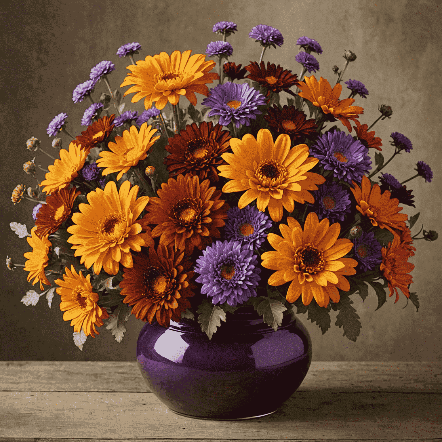 An autumnal arrangement featuring rich orange and red chrysanthemums, purple asters, and golden marigolds