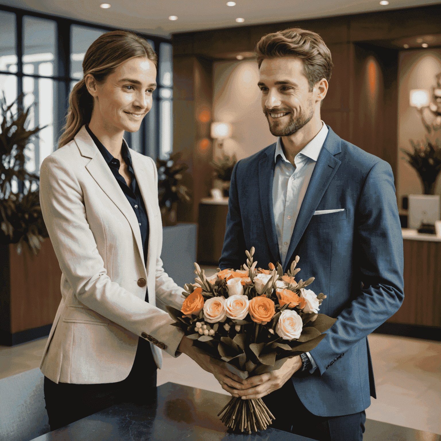 A smartly dressed delivery person from lihieprostor carefully handing over an exquisite floral arrangement to a receptionist in a modern office lobby