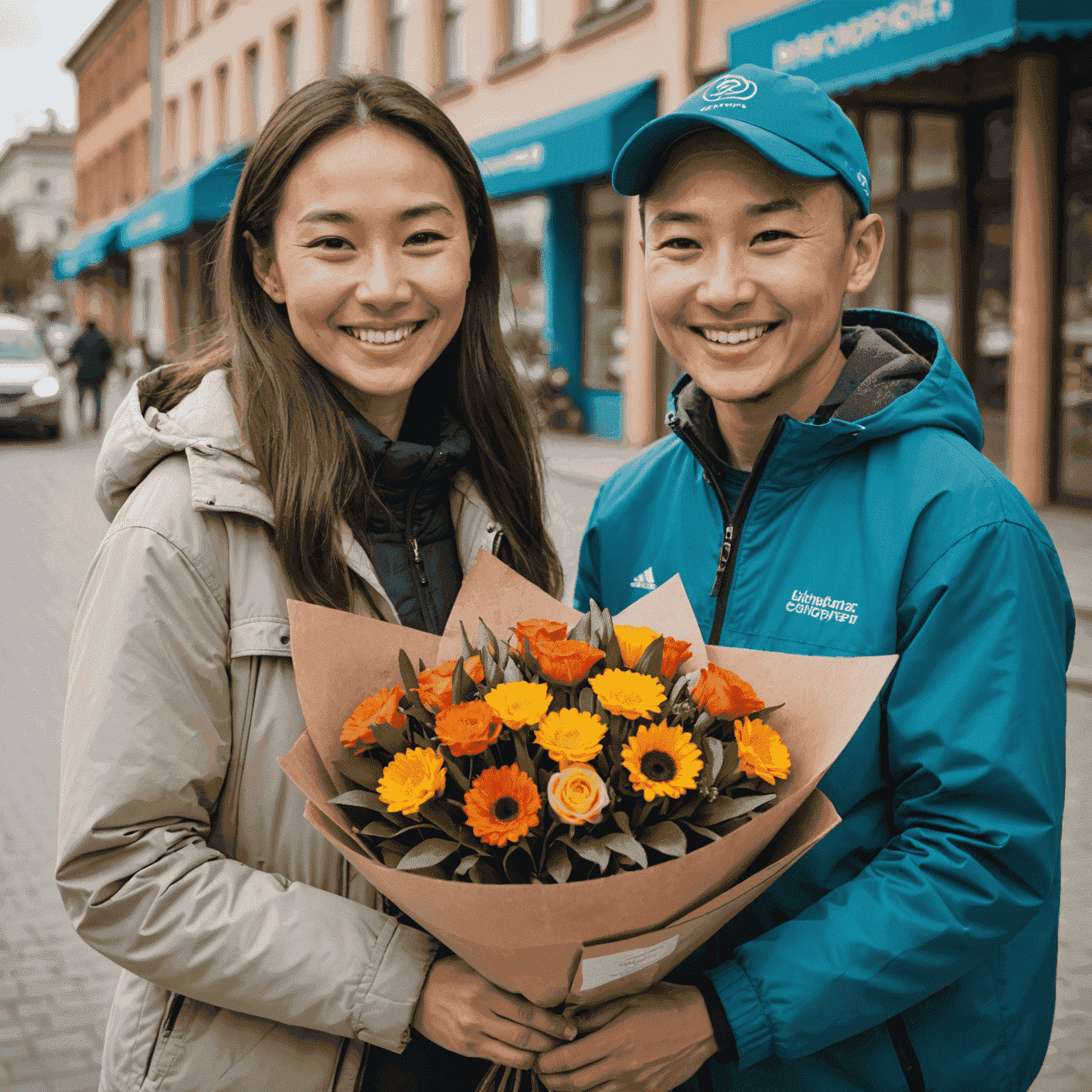 A smiling recipient accepting a beautifully presented bouquet from a lihieprostor delivery person in Kazakhstan