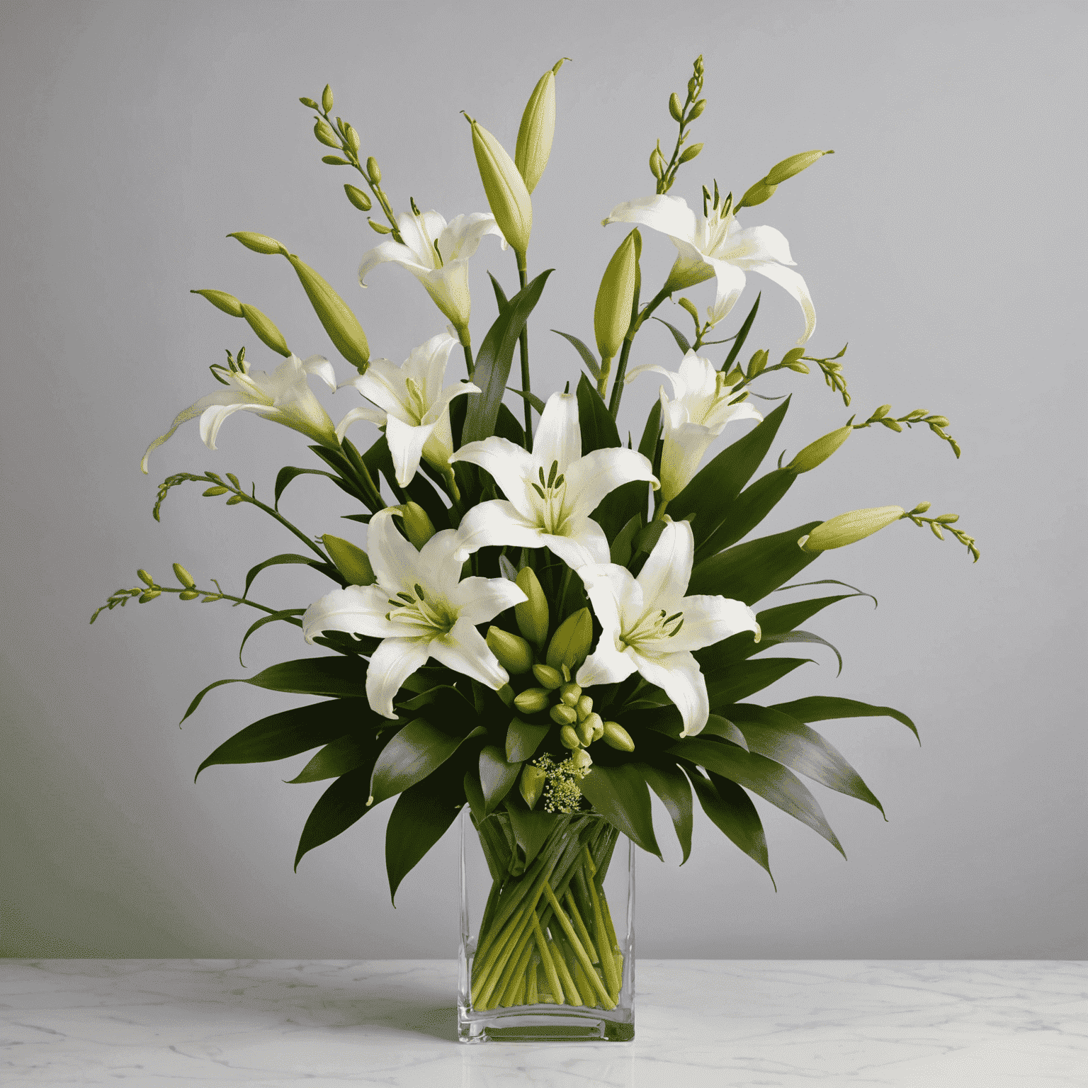 An elegant corporate flower arrangement featuring white lilies and orchids in a modern vase