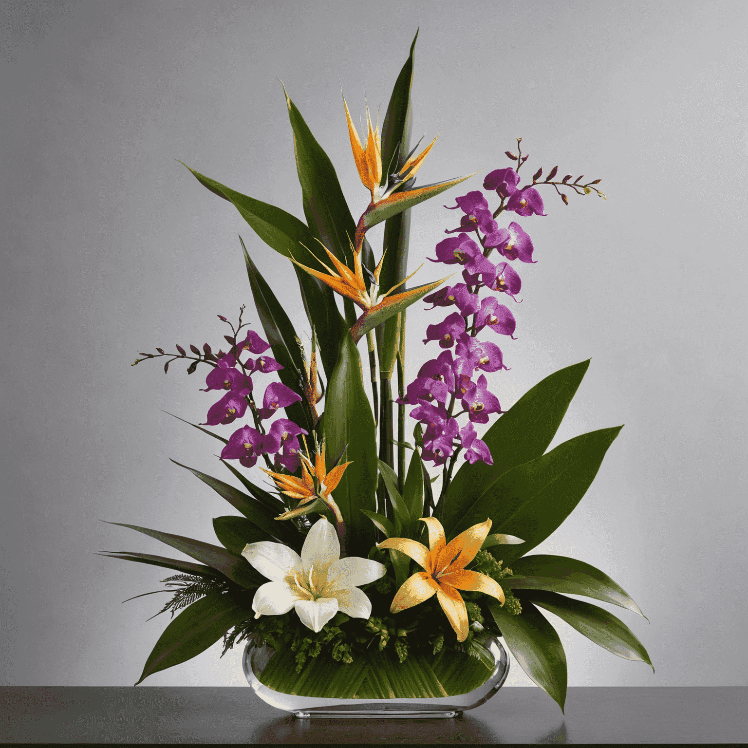 An exotic arrangement of birds of paradise, orchids, and tropical greenery in a modern, sleek vase