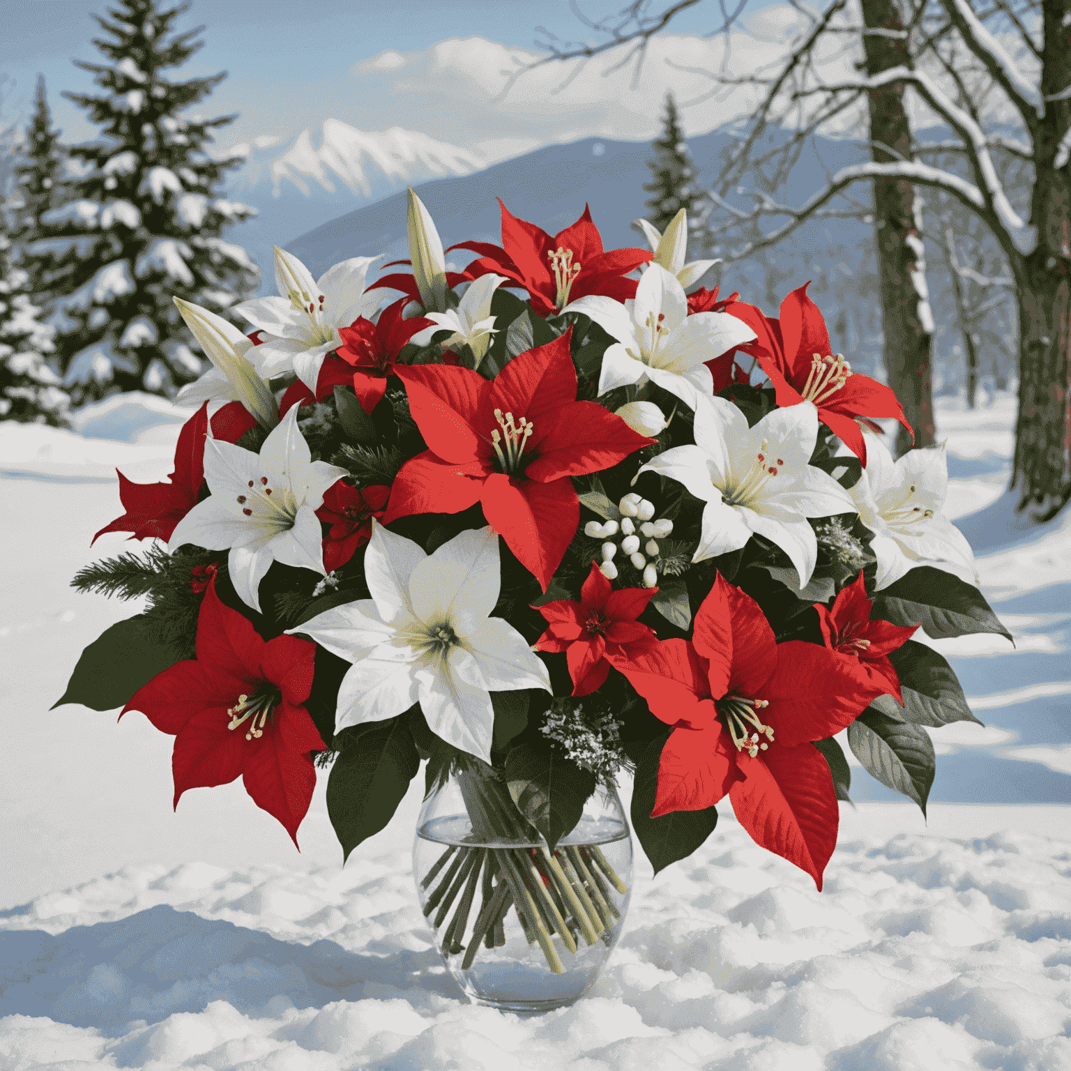 A festive winter bouquet with red poinsettias, white amaryllis, and delicate cyclamen against a snowy Kazakhstan landscape