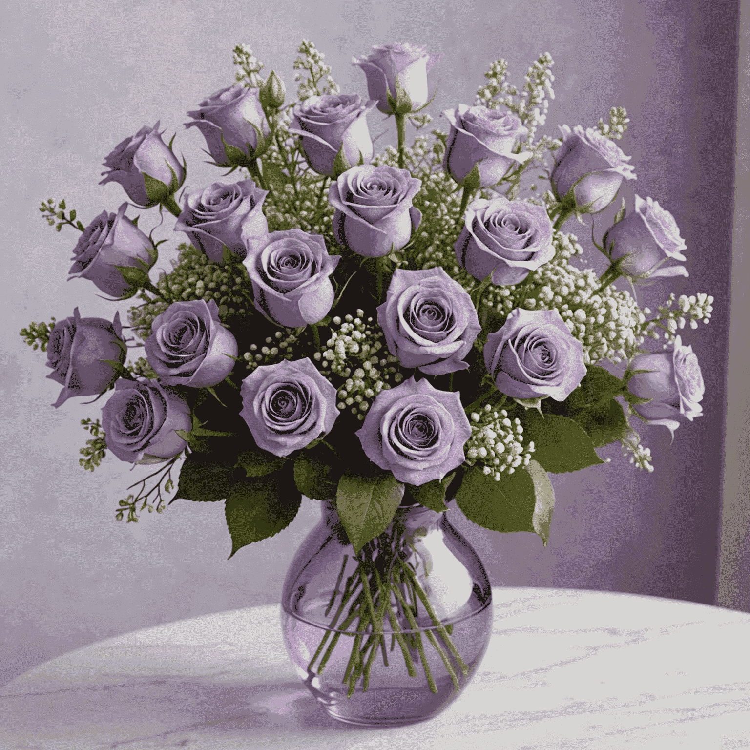 An elegant bouquet of lavender roses accented with white baby's breath in a purple-tinted glass vase