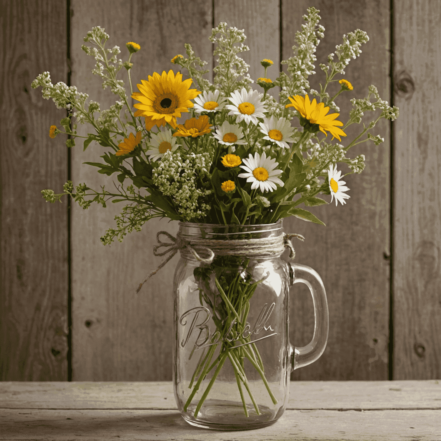 A charming arrangement of wildflowers and rustic elements in a mason jar, tied with twine