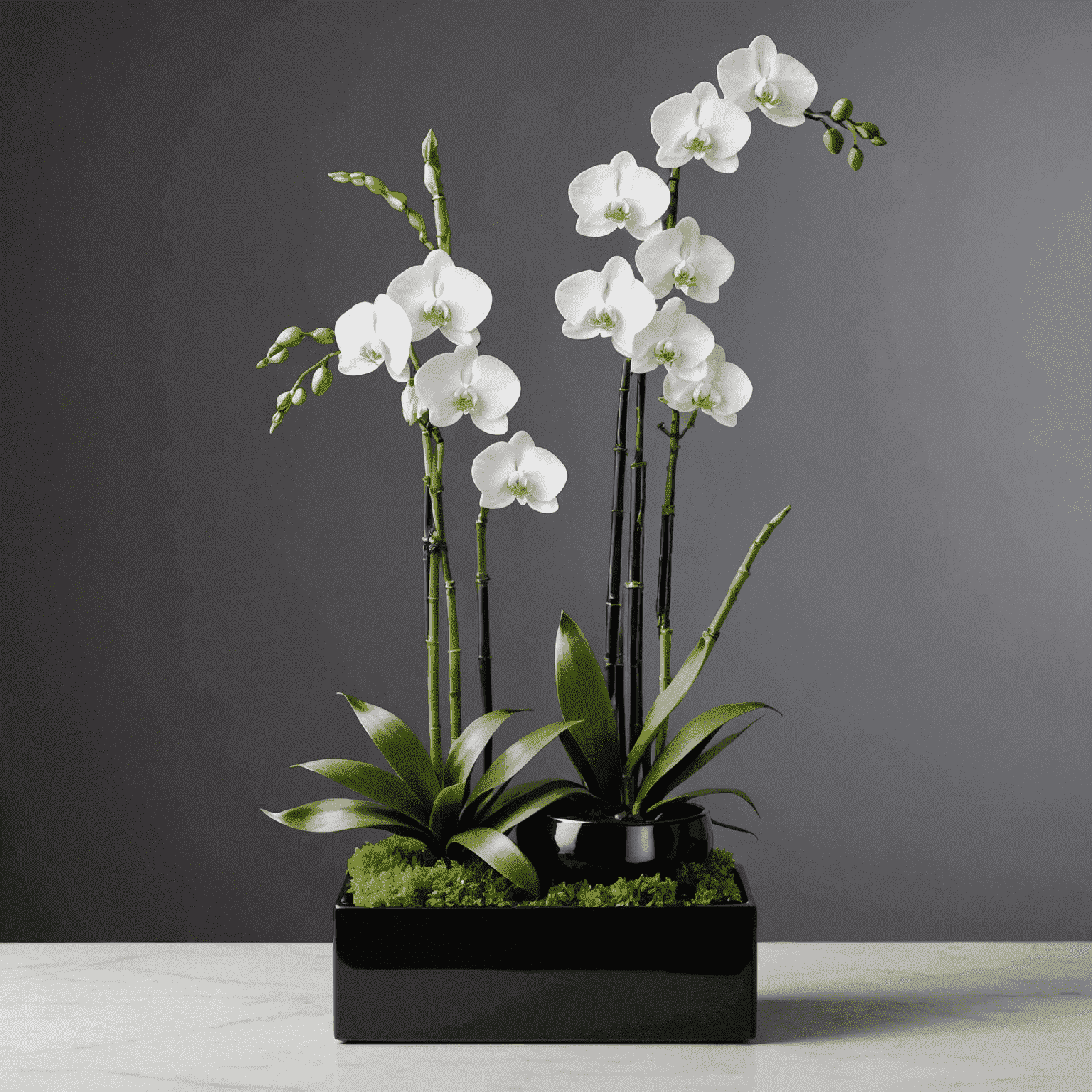 A minimalist arrangement featuring white orchids and lucky bamboo in a black ceramic container