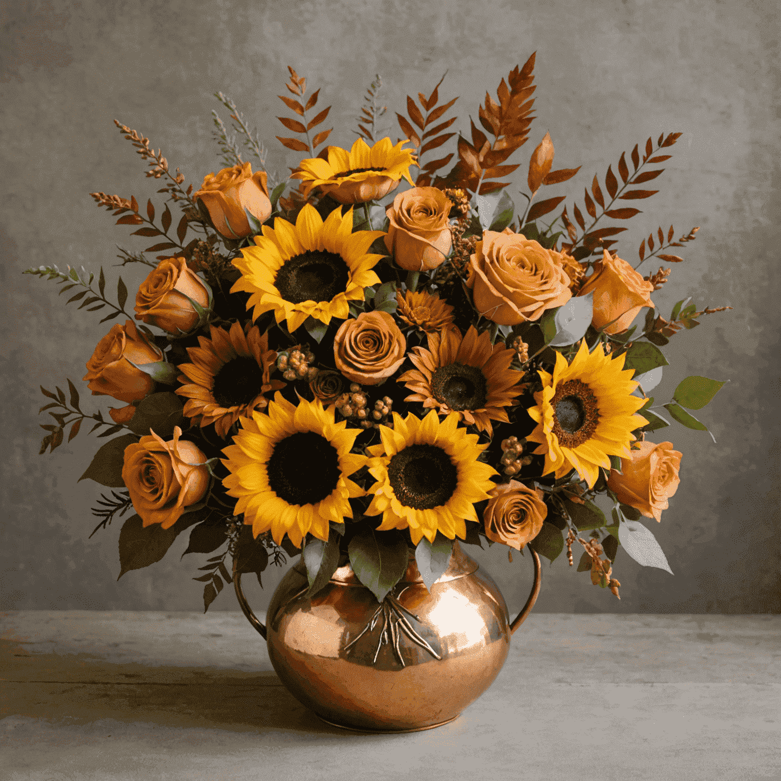 A rich, warm-toned bouquet featuring sunflowers, orange roses, and autumn leaves in a copper vase