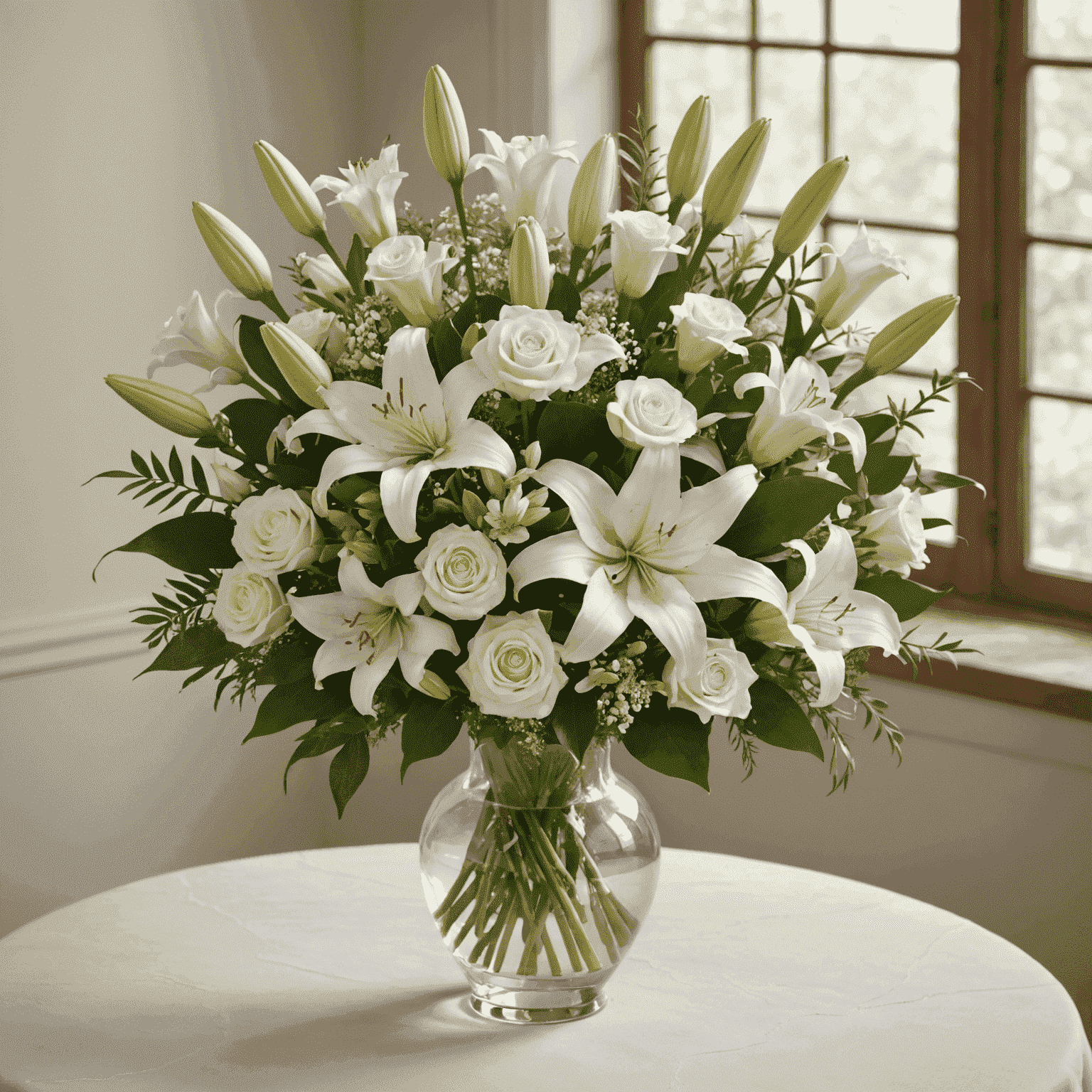 An elegant all-white bouquet of lilies and roses in a frosted glass vase