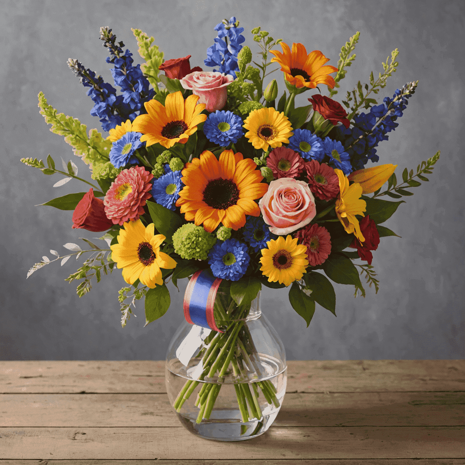 A vibrant, multi-colored bouquet featuring a variety of flowers in a clear glass vase with a rainbow ribbon